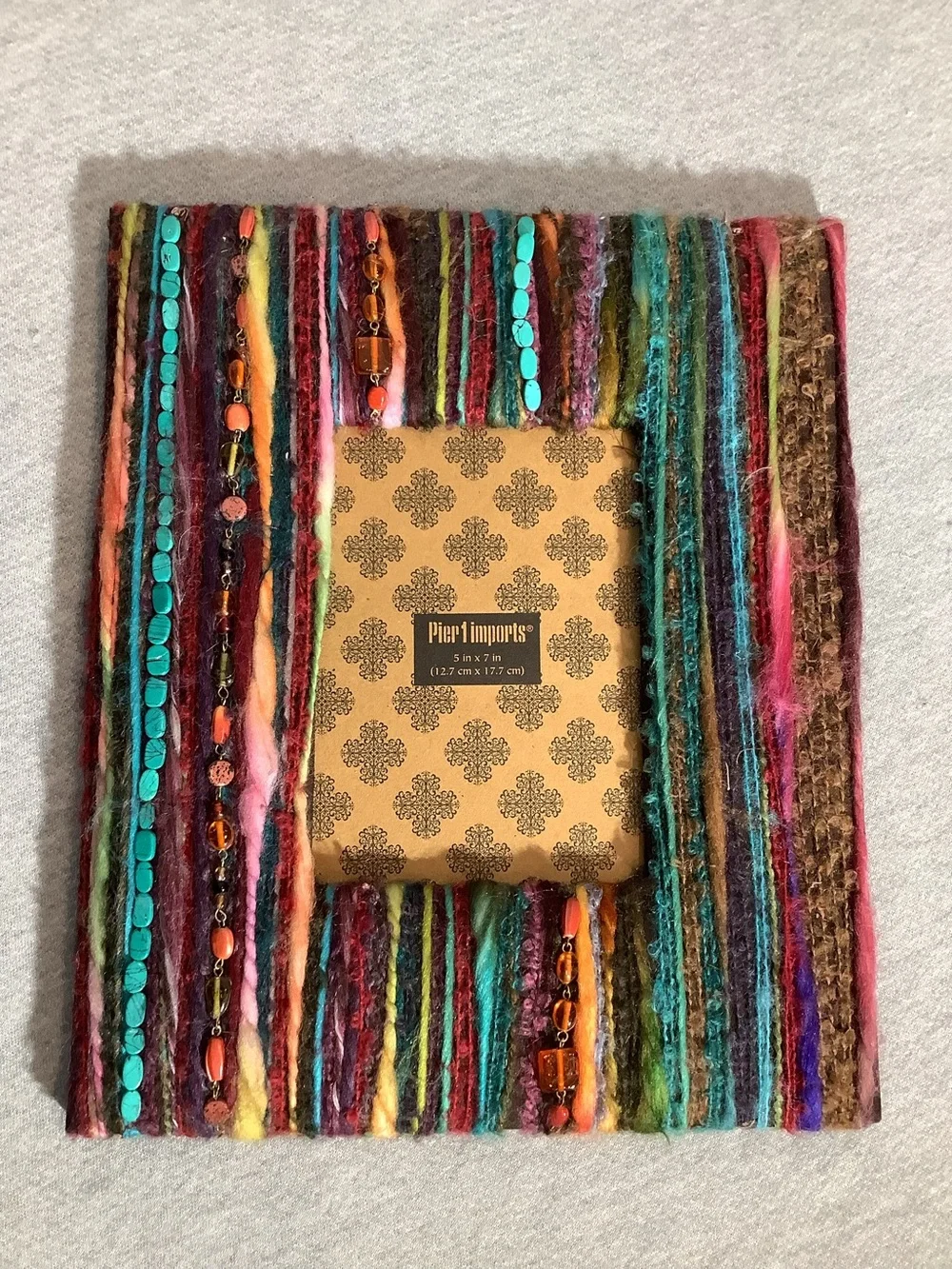 Bohemian Beaded Colorful Pier 1 Multicolor Striped Yarn Photo Frame 5x7